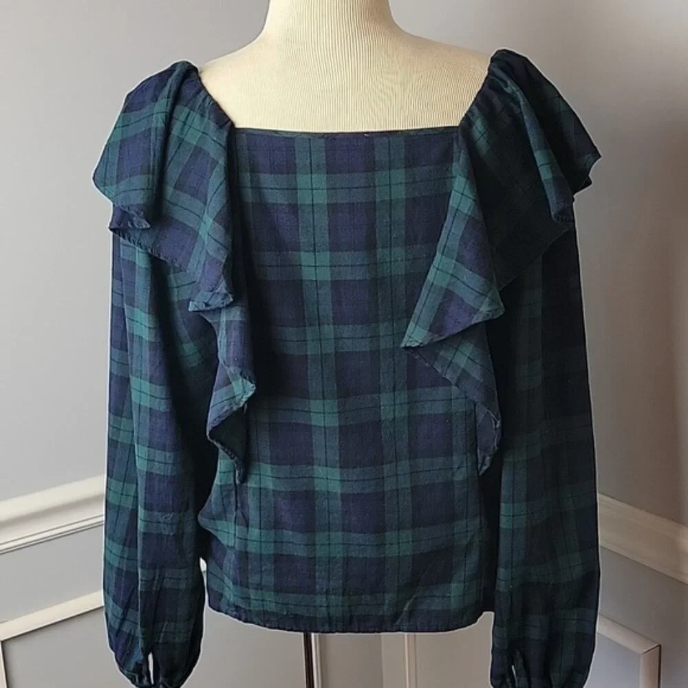J.CREW Green Blue Tartan Plaid Square Neck Ruffle Long Sleeve Holiday‎ Blouse L